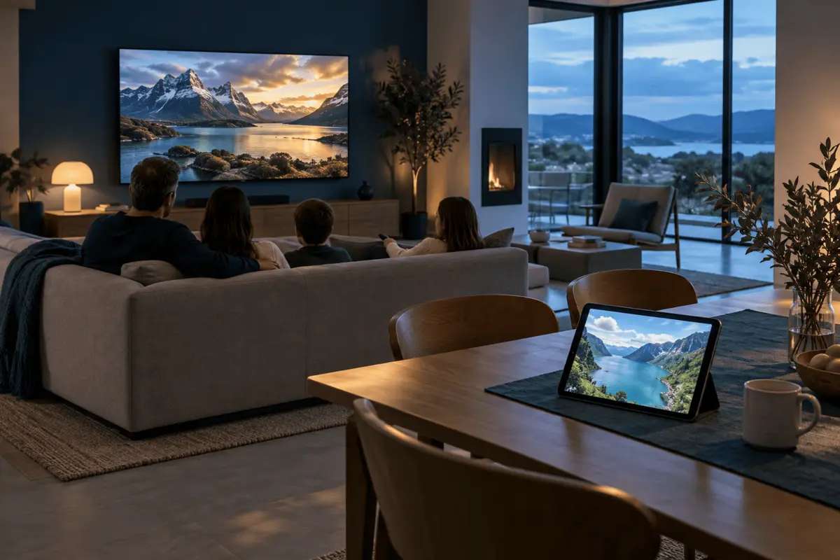 Família a ver televisão em conjunto numa sala com vários ecrãs