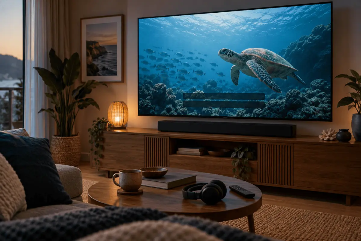 Smart TV com conteúdo de viagem numa casa junto ao mar