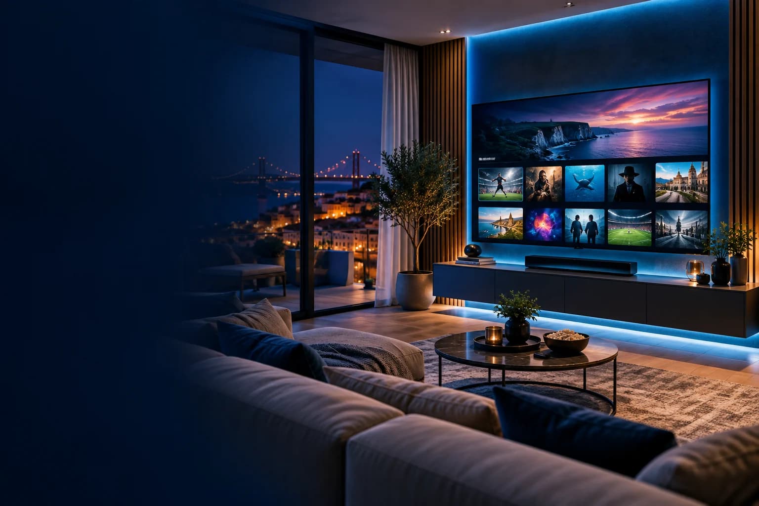Sala moderna com televisão e ambiente de streaming inspirado em Portugal