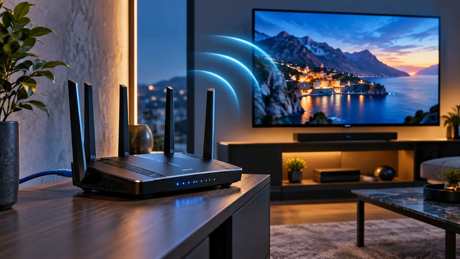 Router Wi-Fi 6 ligado a uma Smart TV para melhorar o IPTV