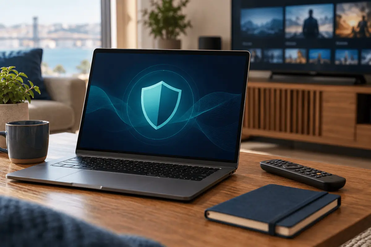 Computador portátil com símbolo de proteção de rede e privacidade